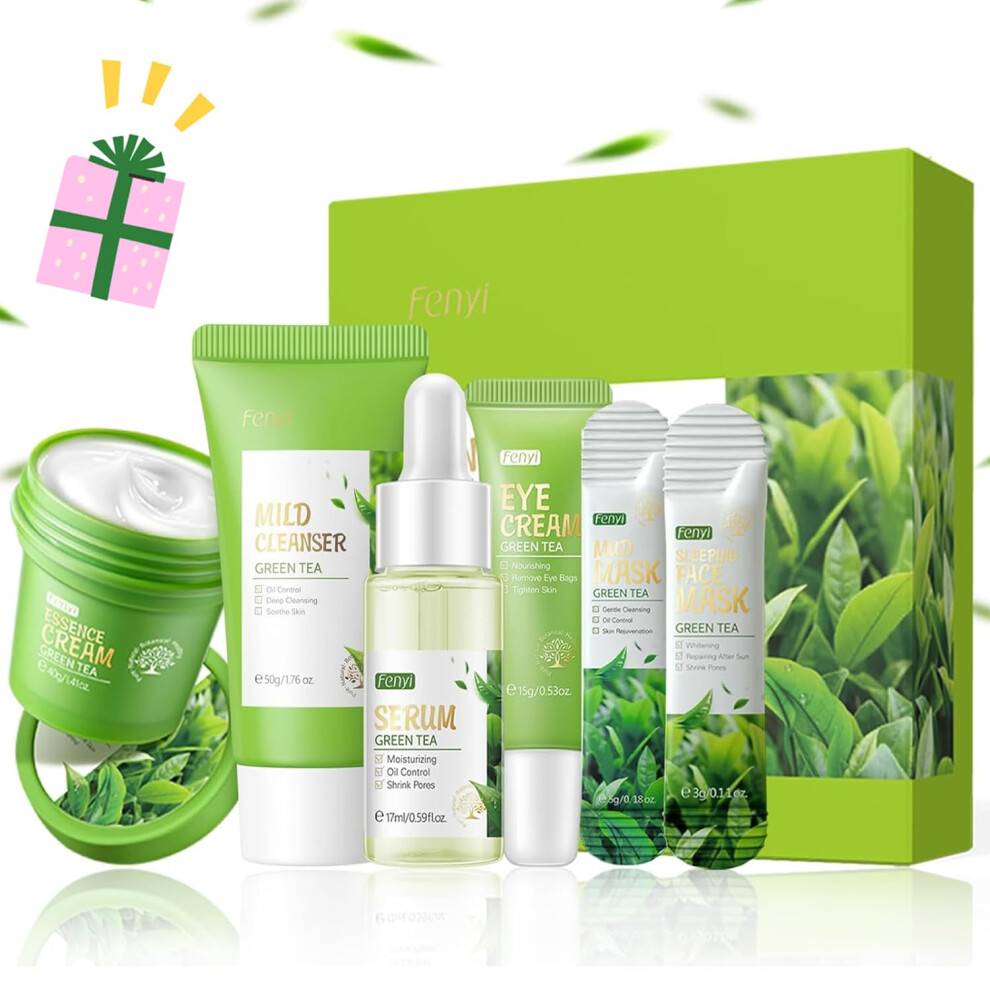 Green Hydrating Skincare Set With Botanical Tea Extract, 6Piece Deep Hydration Facial Kit For Women