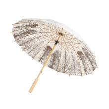 Windproof Golf Umbrella 16 Ribs Oversized Long Stick with Retro Trees Print and Wooden Handle