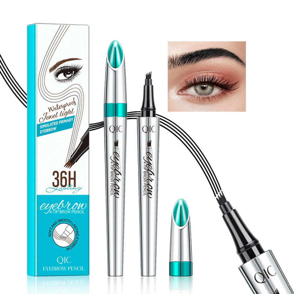 Black Microblading Eyebrow Pen With 4Prong Tip, Smudgeproof Longwear Eyebrow Pencil For Natural Look