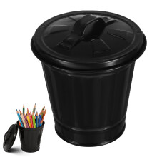 1Pc Small Black Iron Desktop Waste Bin with Lid Creative Trash Can