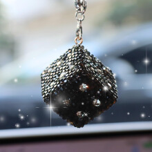 Black Crystal Dice Car Rearview Mirror Charm with Adjustable Chain, Bling Auto Interior Decoration