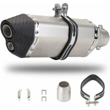 Universal Motorcycle Exhaust Muffler with Carbon Fiber Tip, Stainless Steel, Dual Noise Reduction, Silver