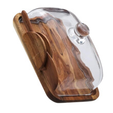Butter Dish Wooden Holder with Protective Glass Cover for Countertop and Food Storage