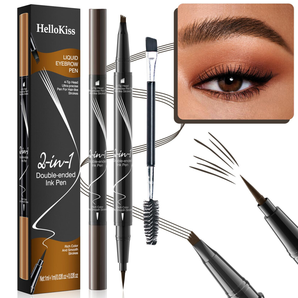 Brown 2 Pcs Waterproof Microblading Eyebrow Pen Set, 4Tip Dualended Pencil With Brush, Longlasting Natural Dark