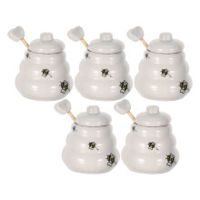 5Pcs Bee Pattern Ceramic Honey Pot with Lid and Dipper for Kitchen