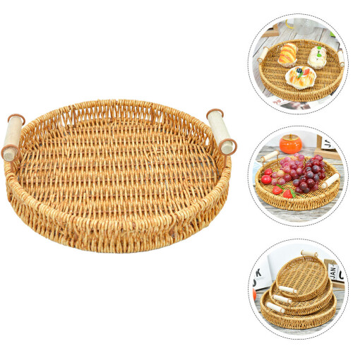 Khaki Handwoven Rattan Storage Basket Sturdy Kitchen Tabletop Tray 1