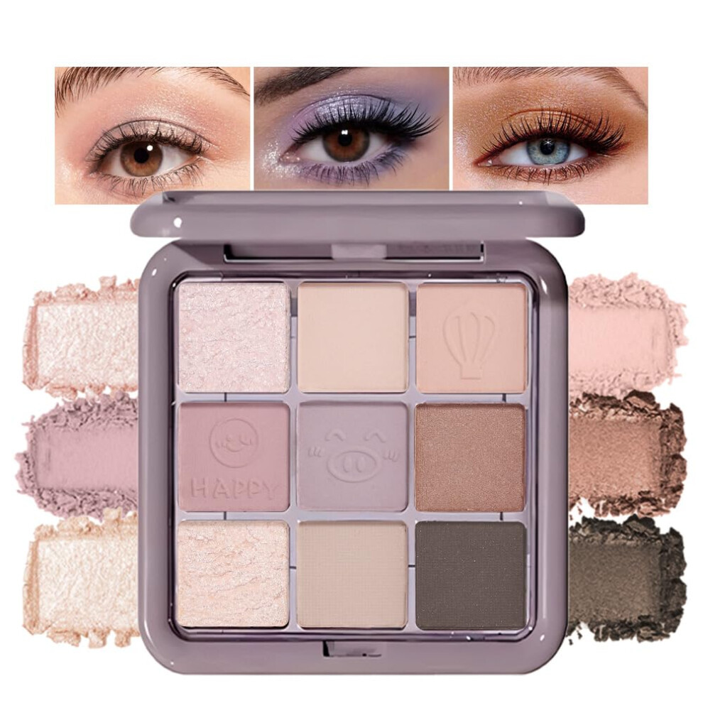 Cream,Purple Neutral Eyeshadow Palette 9 Colors Matte Shimmer Long Lasting Waterproof Purple Champagne Nude