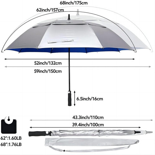 Large Golf Umbrella 40 Inch Extra Large Coverage Windproof Long Handle UV Protection Titanium Silver 2