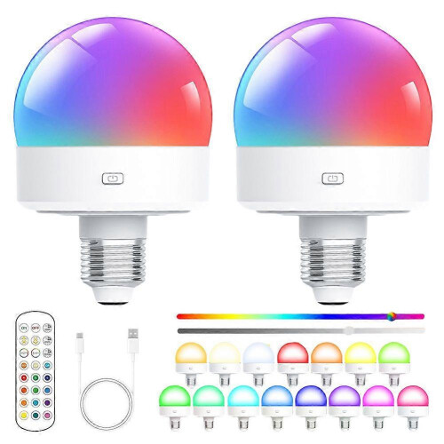 (1 Lamp, US) USB Rechargeable Light Bulb with Remote Control Timer Dimmable Easy to Install Battery Powered E27 Light Bulb RGB Lamp 2