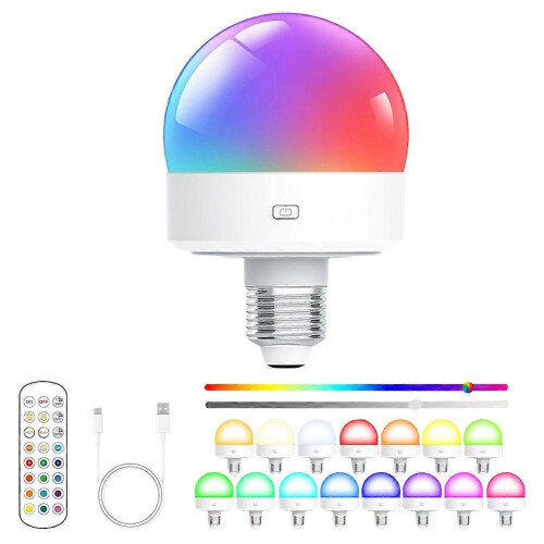 (2 Lamps, EU) USB Rechargeable Light Bulb with Remote Control Timer Dimmable Easy to Install Battery Powered E27 Light Bulb RGB Lamp 1
