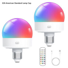 (2 Lamps, US) USB Rechargeable Light Bulb with Remote Control Timer Dimmable Easy to Install Battery Powered E27 Light Bulb RGB Lamp