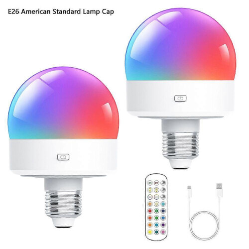 (2 Lamps, US) USB Rechargeable Light Bulb with Remote Control Timer Dimmable Easy to Install Battery Powered E27 Light Bulb RGB Lamp