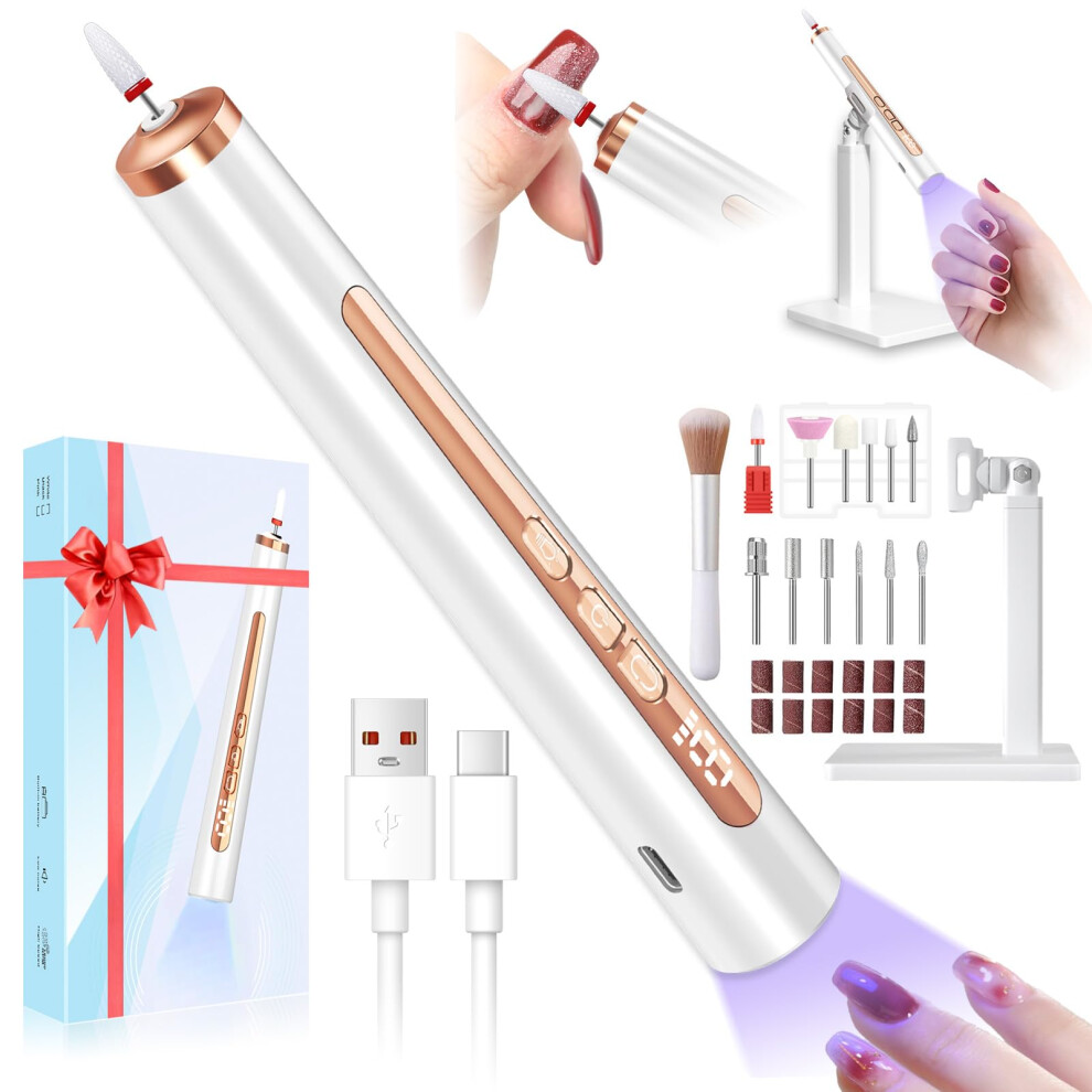 Cordless Electric Nail Drill with UV Light, Rechargeable Nail File Kit for Acrylic and Gel Nails