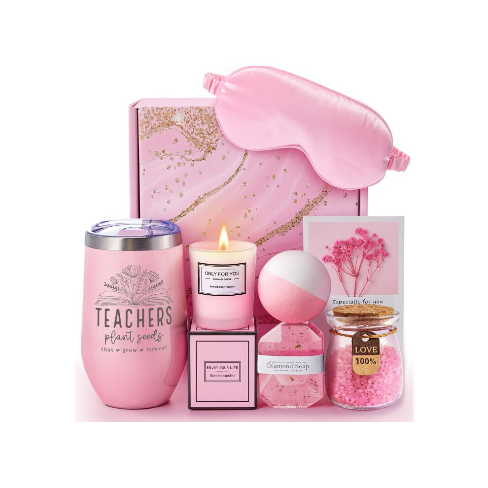 Pink Teacher Gifts For Women Spa Basket With 12Oz Tumbler Candle Sleep Mask And Bath Essentials
