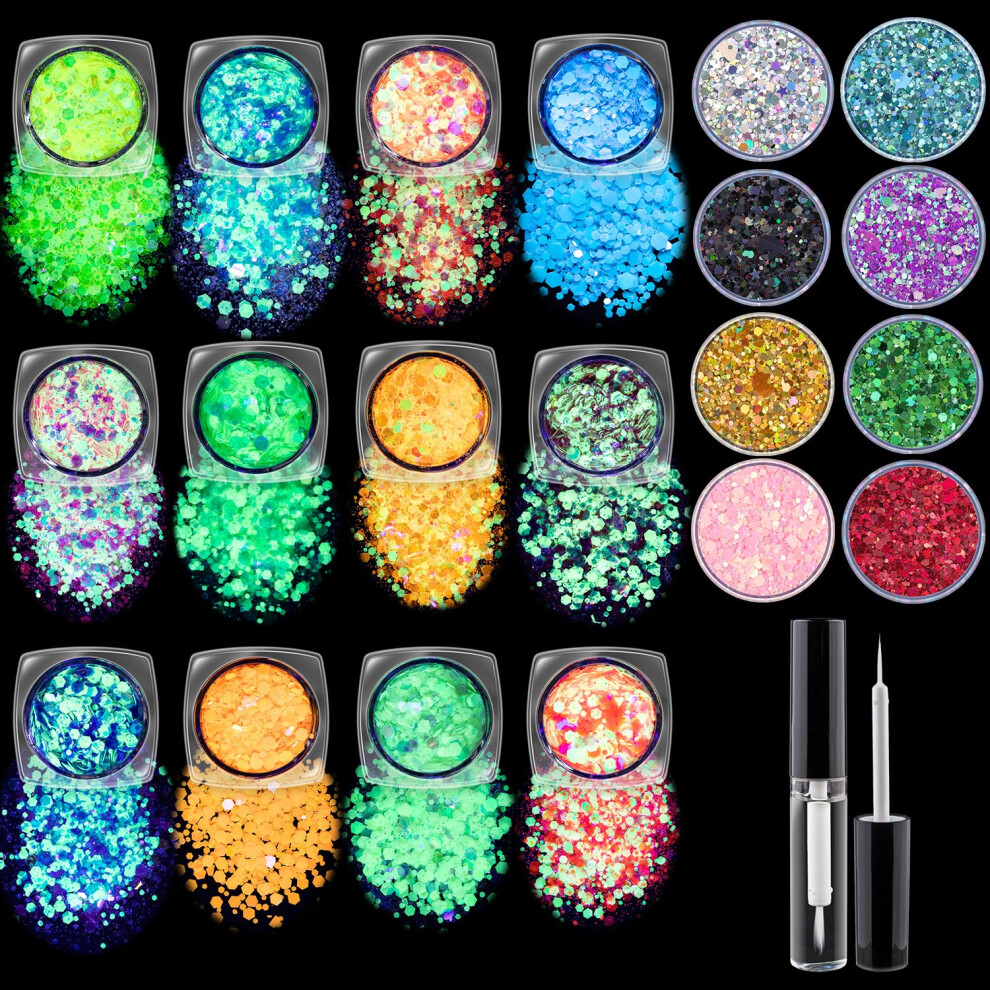 Dark Glow In The And Body Glitter Set With 12 Colors, Holographic Shapes For Festival Rave Makeup