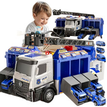 Large Fire Truck and Police Car Carrier Toy Set with Lights and Sounds, Ladder and 6 Vehicles for Kids Ages 3+