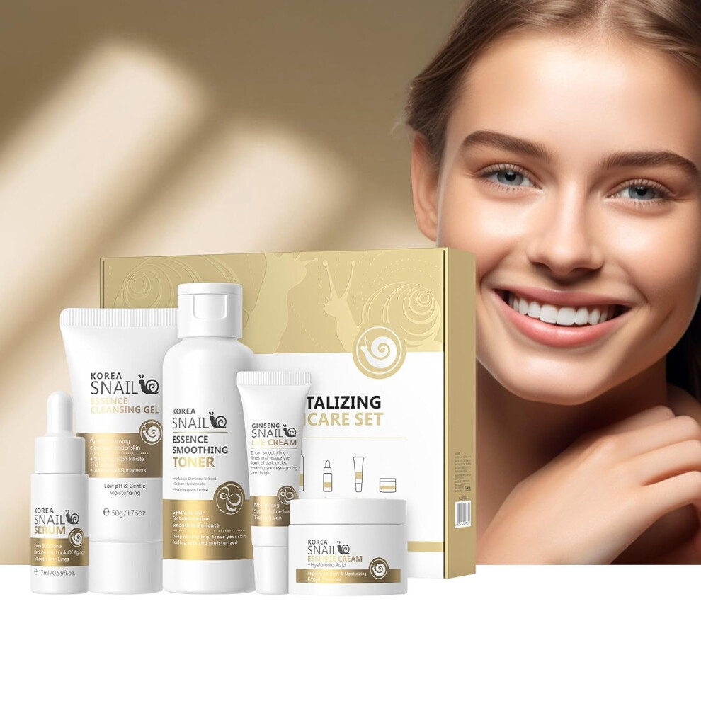 Facial Skincare Set Korean Snail 5 Piece Gift Kit Deep Hydration AntiAging Complete Routine