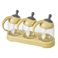 1Set Glass Condiment Bottle Set with Yellow PP Lid and Portable Tray