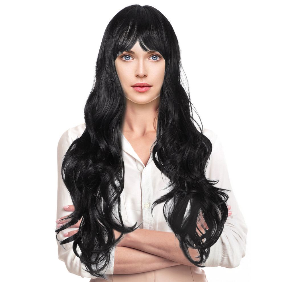 Solustre Unisex Black Synthetic Long Curly Wig With Face-Framing Bangs For Women