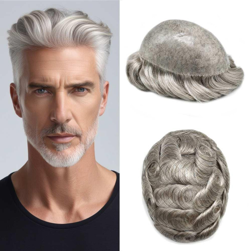 Unisex Black,Grey Men's Hair Toupee 8X10 Poly Thin Skin Human Hairpiece With Natural Hairline Off Black And Grey