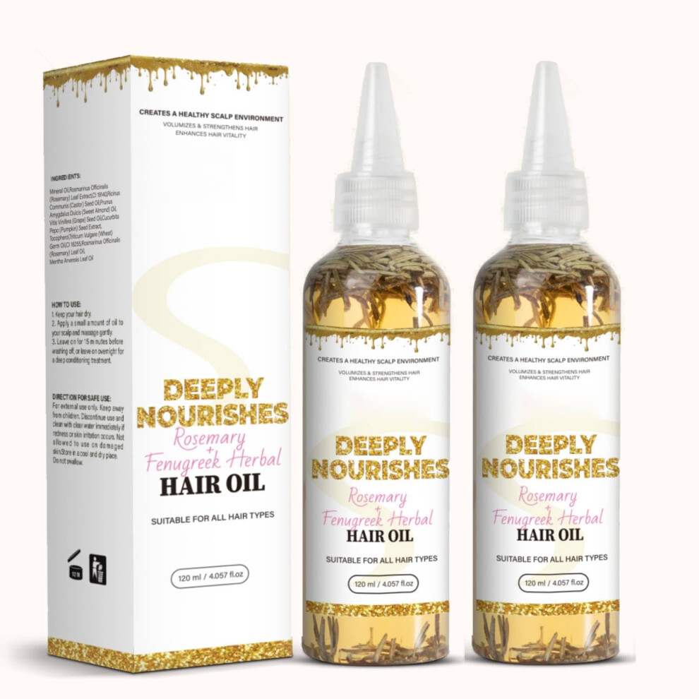 Rosemary Hair Oil with Fenugreek Castor Almond, 5in1 Growth Benefits for Scalp and Split Ends, 2x4oz