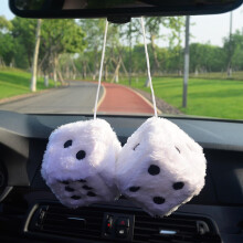 Retro White Fuzzy Dice for Car Mirror  3 Inch Soft Plush Foam Hanging Ornament