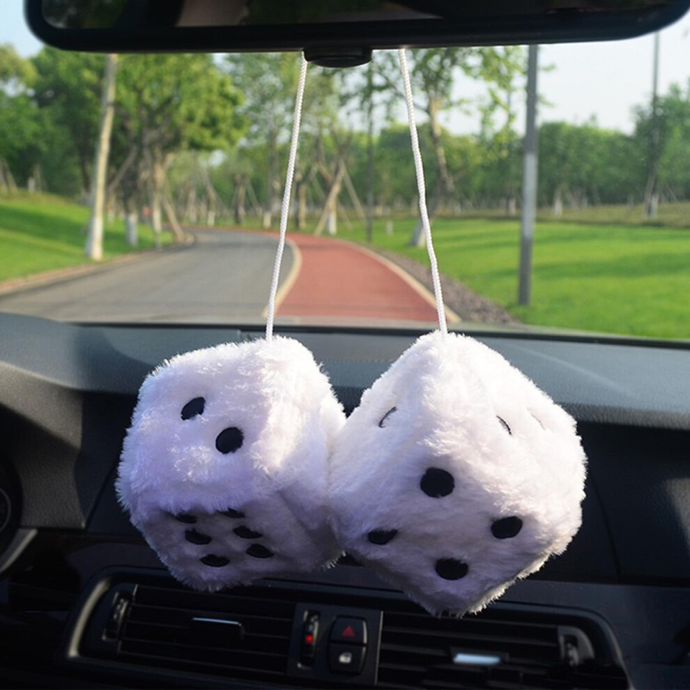 Retro Fuzzy Dice For Car Mirror 3 Inch Soft Plush Foam Hanging Ornament White 9070919561047
