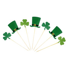 7Pcs Bamboo Felt Clover Cake Inserted Cards Green Cupcake Sticks Decor