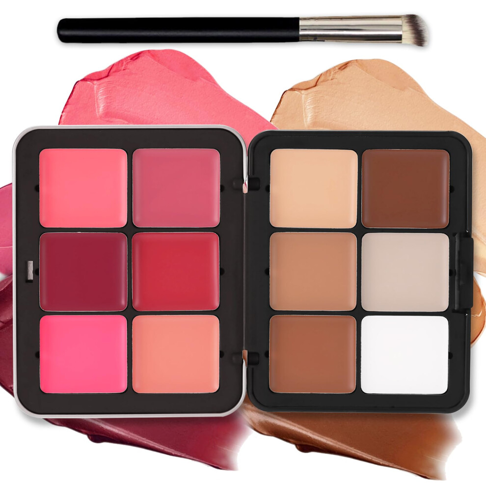 Cream 12 Color Blush And Concealer Palette, Long Lasting Smooth Blendable Face Makeup Kit With Brush