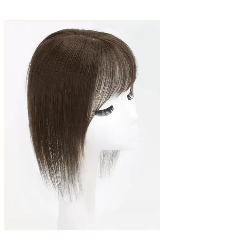 Unisex Brown Human Hair Topper With Bangs For Women, Natural Volume Boost, Curly Chestnut 9X10in