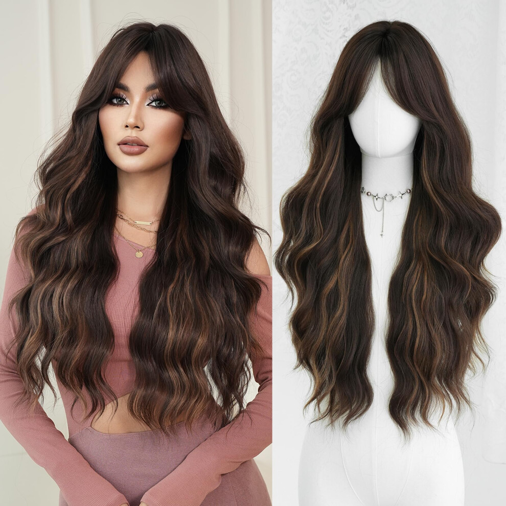 Unisex Brown 31 Inch Long Curly Ombre Wig Dark With Blonde Highlights Heatresistant Synthetic Hair