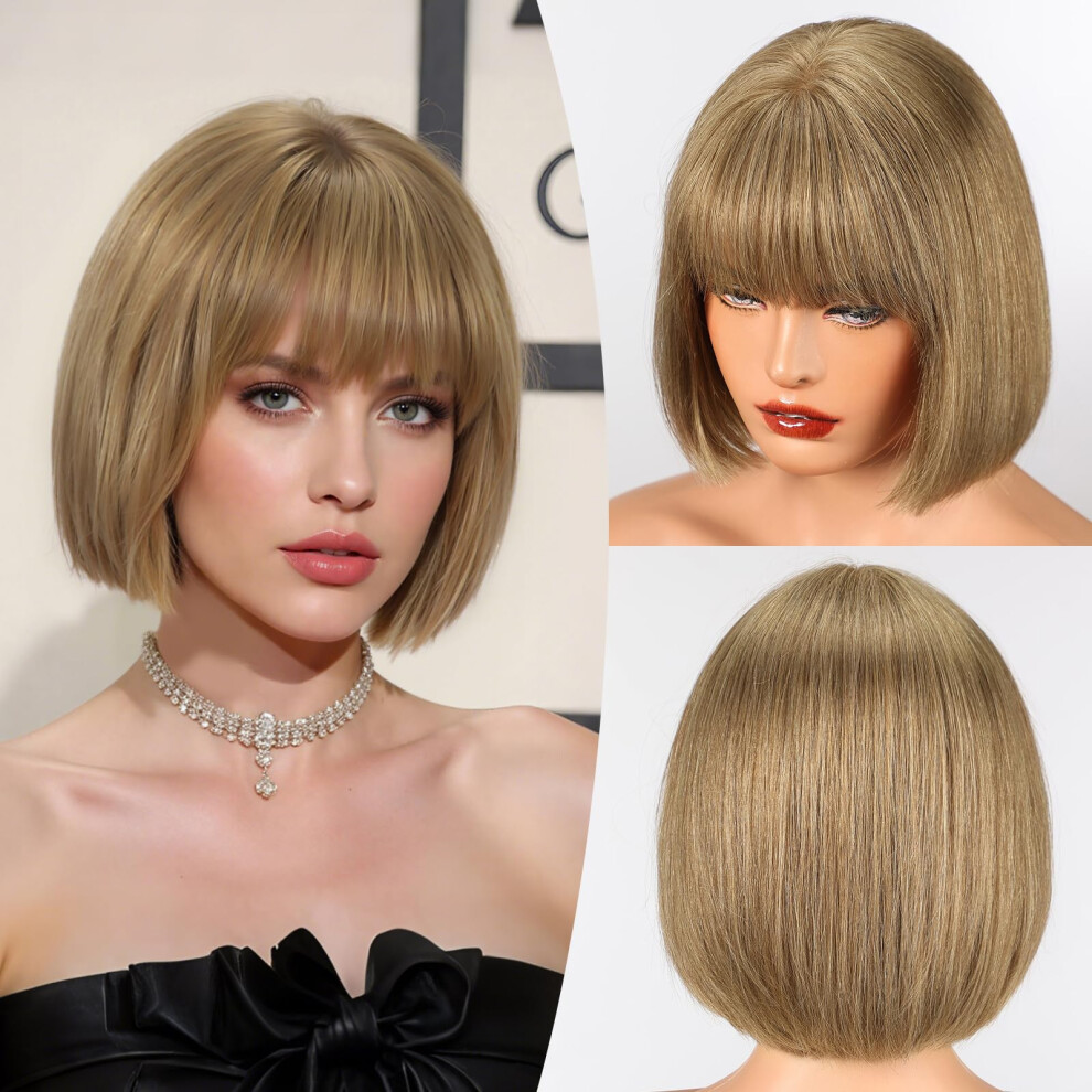 Blonde Brown Human Hair Bob Wig with Bangs, Shoulder Length, Natural Texture, Breathable Cap