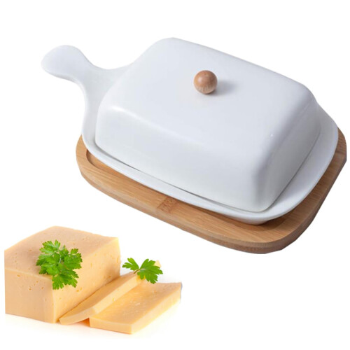 White Ceramic Butter Dish with Lid and Handle for Elegant Home or Hotel Table Serving