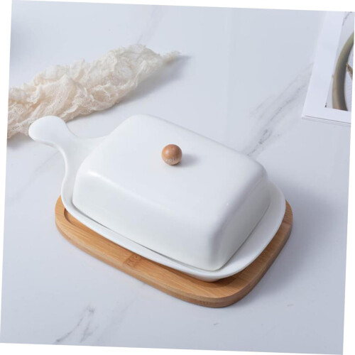 White Ceramic Butter Dish with Lid and Handle for Elegant Home or Hotel Table Serving 1