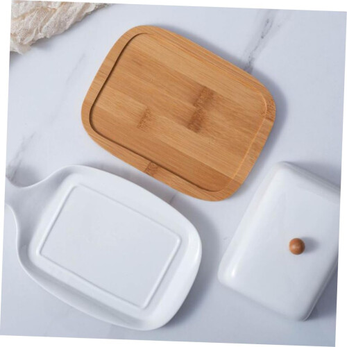 White Ceramic Butter Dish with Lid and Handle for Elegant Home or Hotel Table Serving 2