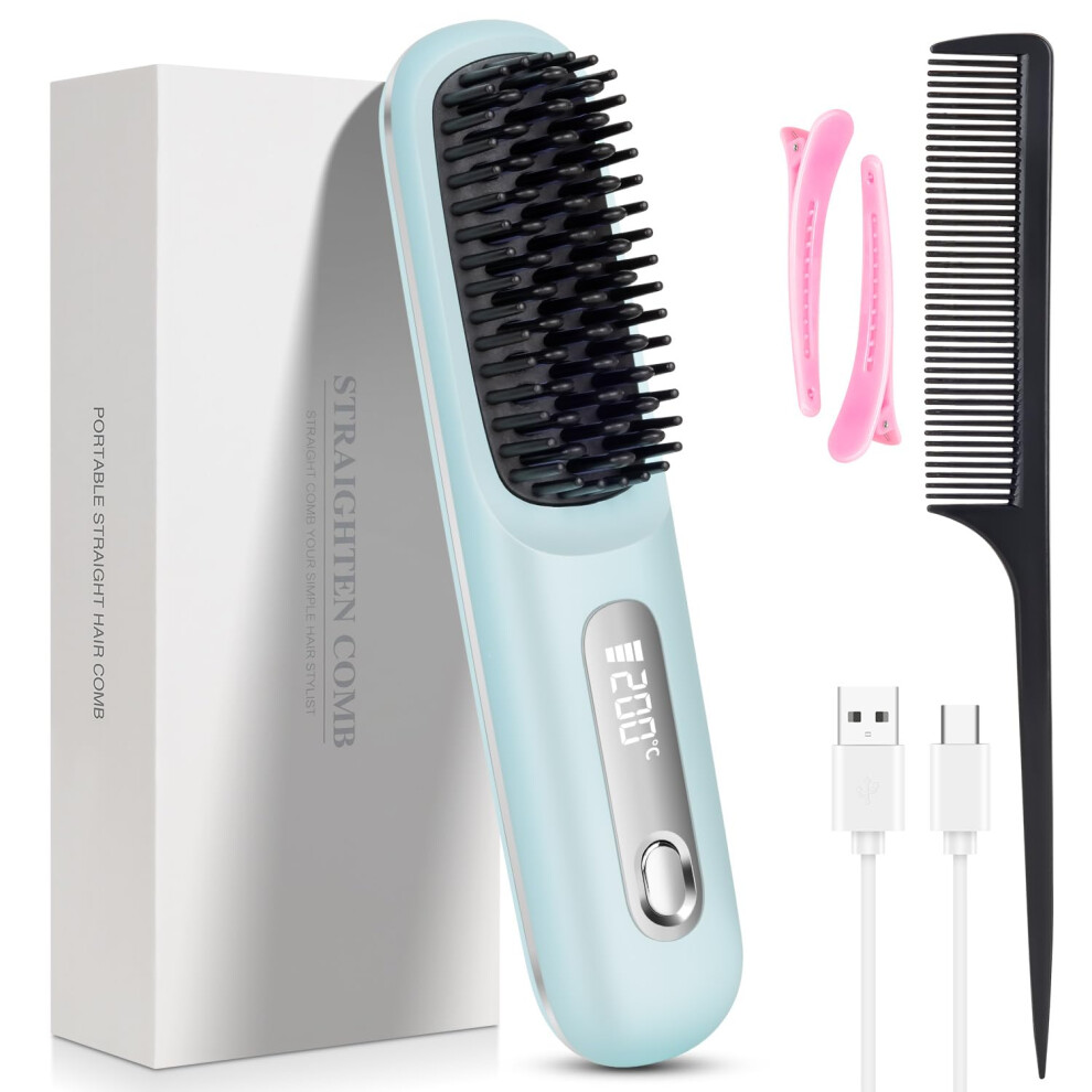 Blue Hair Straightener Brush With 20S Fast Heatup, Usb Rechargeable, 3 Temps, Travel Design
