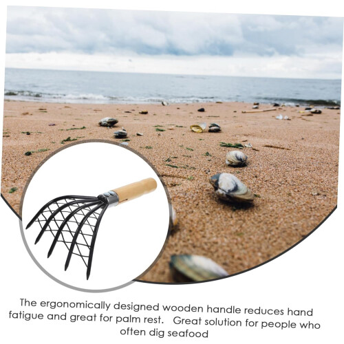 Stainless Steel Clam Digging Rake with Net Bag, Ergonomic Wood Handle for Beach Shellfish 2