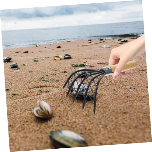 Stainless Steel Clam Digging Rake with Net Bag, Ergonomic Wood Handle for Beach Shellfish 1