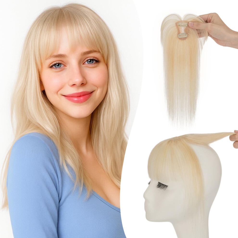 Unisex Silver Clip In Human Hair Bangs Platinum Blonde 3D Wispy Fringe Heatstylable Remy Hair