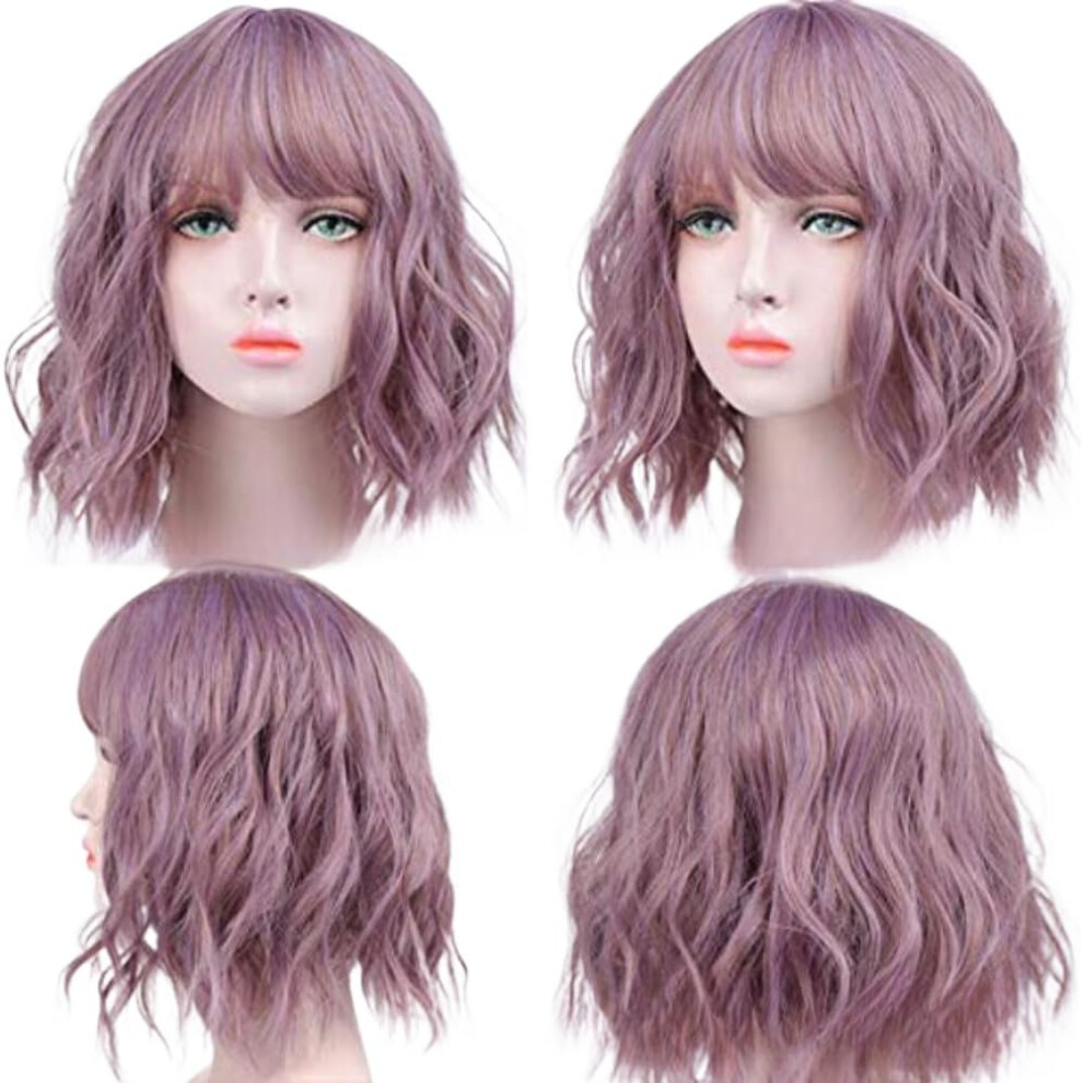 Unisex Wavy Bob Wig 28Cm Taro Color Short Curly Wig With Bangs For Women Party Use