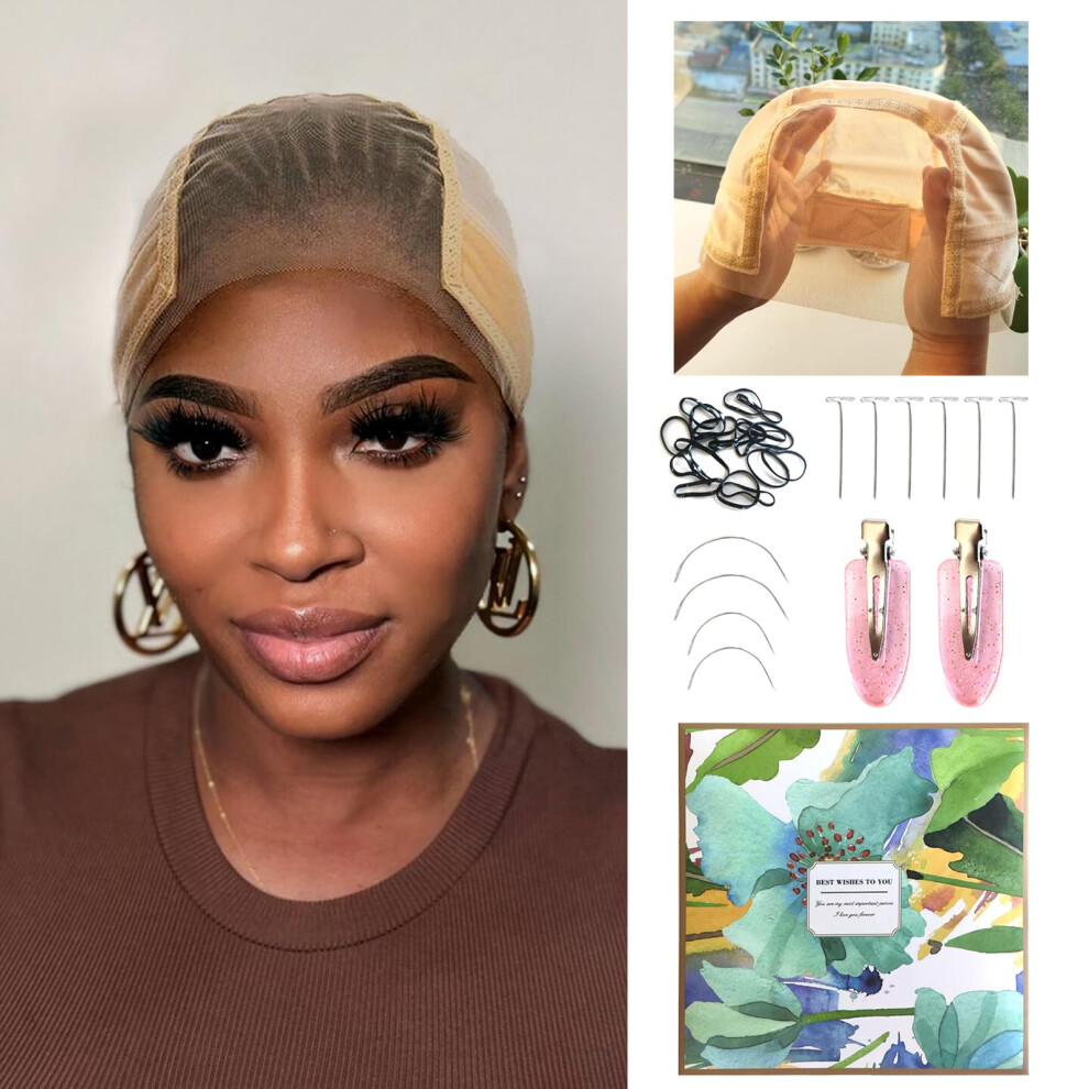 Unisex Cream Beige Lace Wig Grip Cap With Adjustable Velvet Band For Lace Front Wigs Secure Nonslip Fit