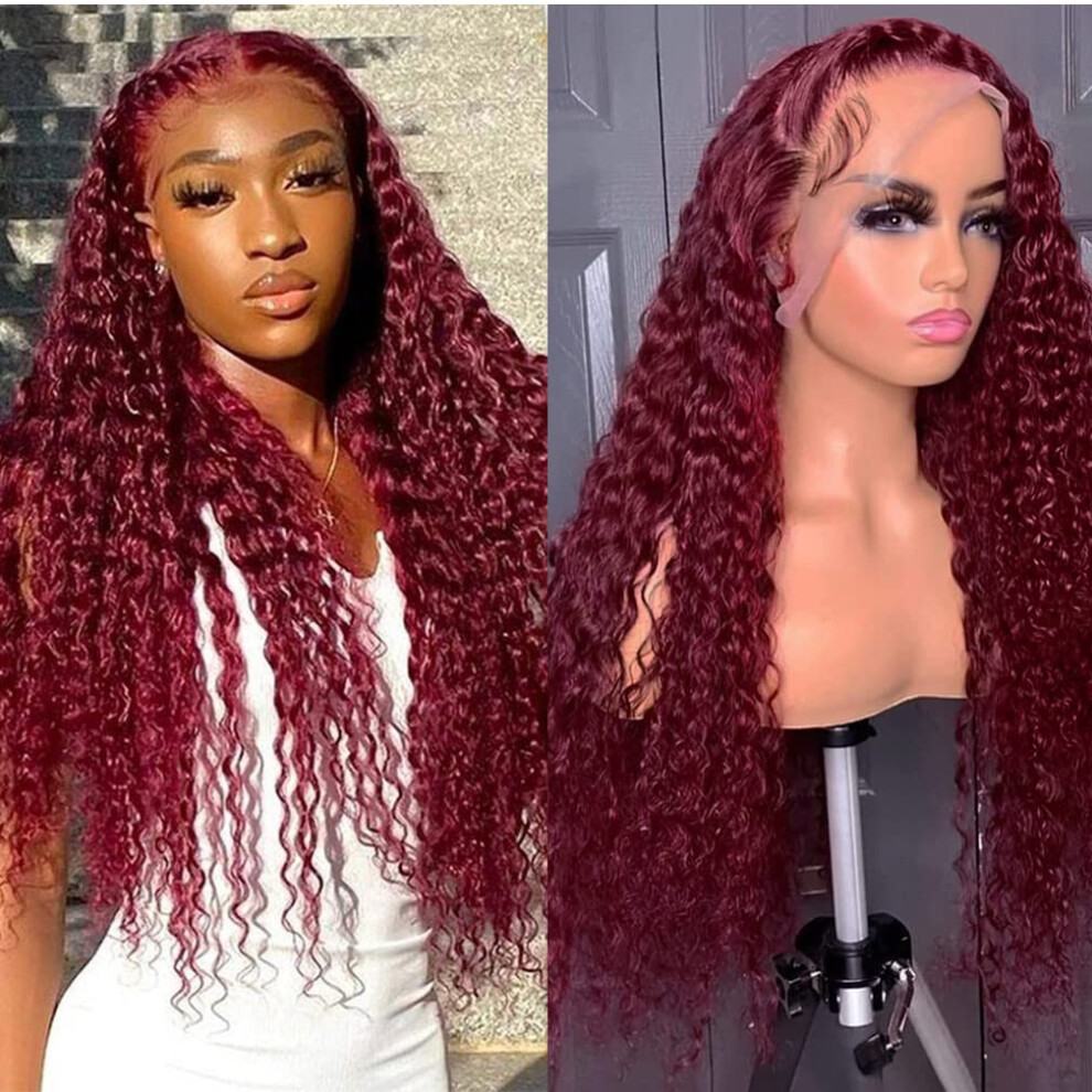 Unisex Red 99J Burgundy Deep Wave Lace Front Wig Human Hair 28 Inch Pre Plucked 13X4 Glueless Design