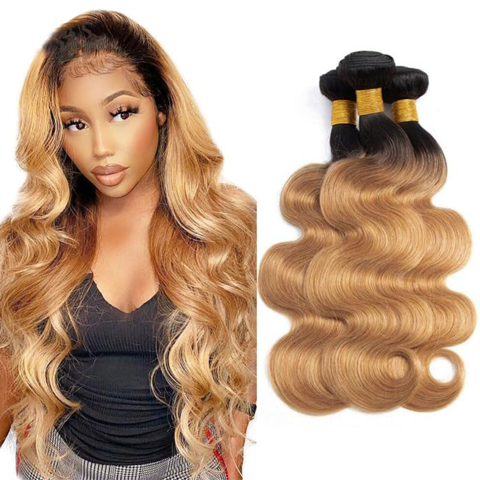 Unisex Black Brazilian Virgin Human Hair Body Wave Ombre 1B27 Honey Blonde 12 14 16 Inch 3 Bundles