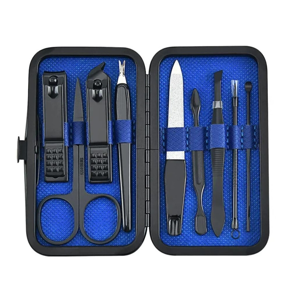 9Pcs Stainless Steel Nail Clippers Set with Case Professional Manicure Pedicure Grooming Kit Blue