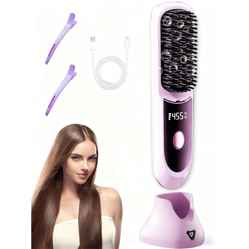 Purple Cordless Hair Straightener Brush With Negative Ions, Fast 20S Heating, Usbc Charging,