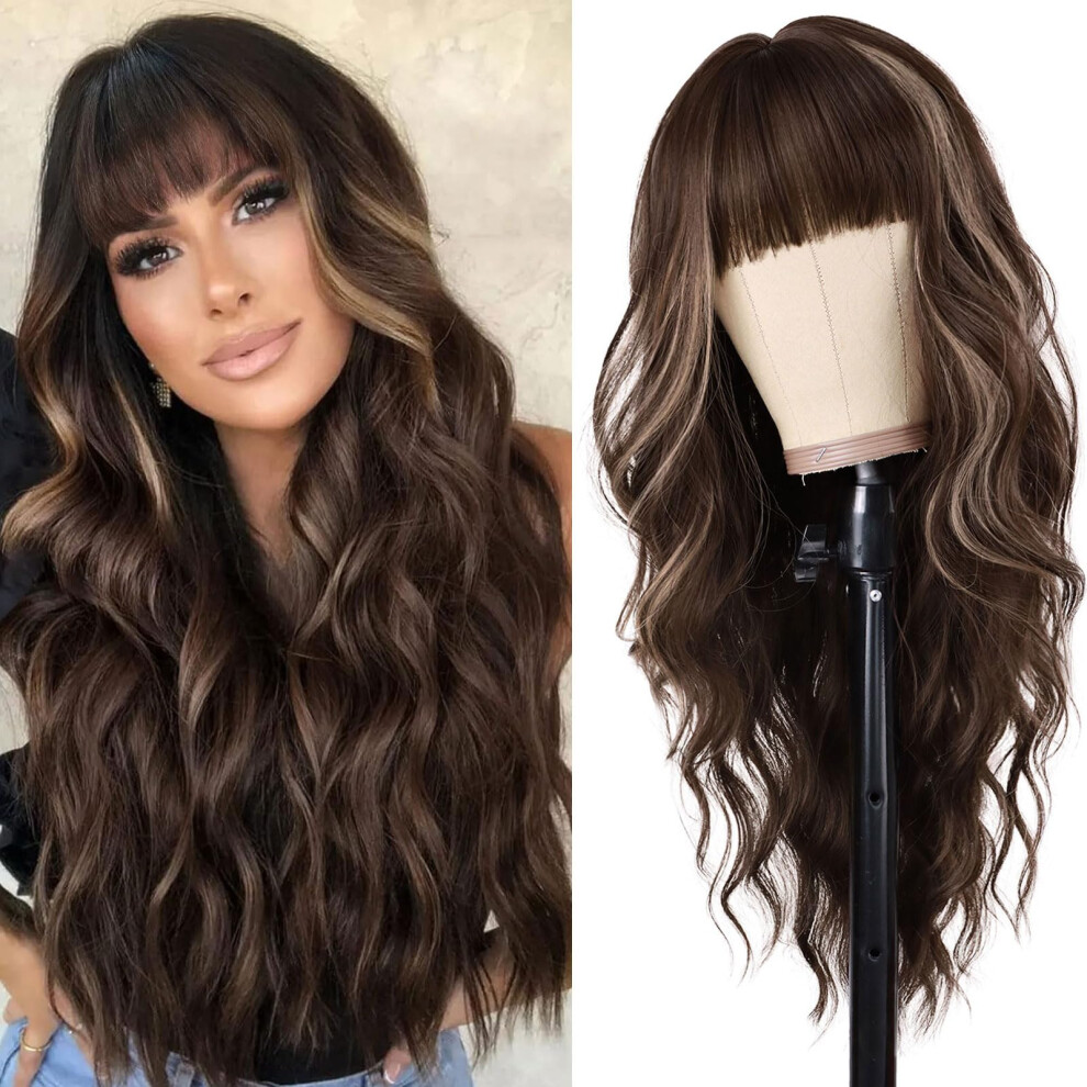Unisex Brown Wavy Wig With Bangs 26 Inch Long Synthetic Blonde Highlight Heat Resistant For Women