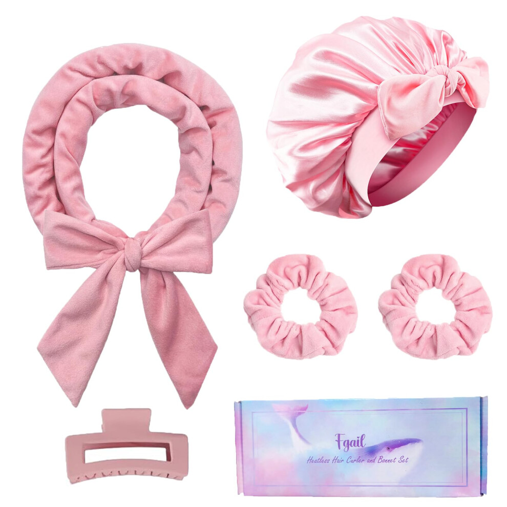 Pink Heatless Hair Curler With Double Layer Satin Bonnet For Overnight Frizz Waves, Set