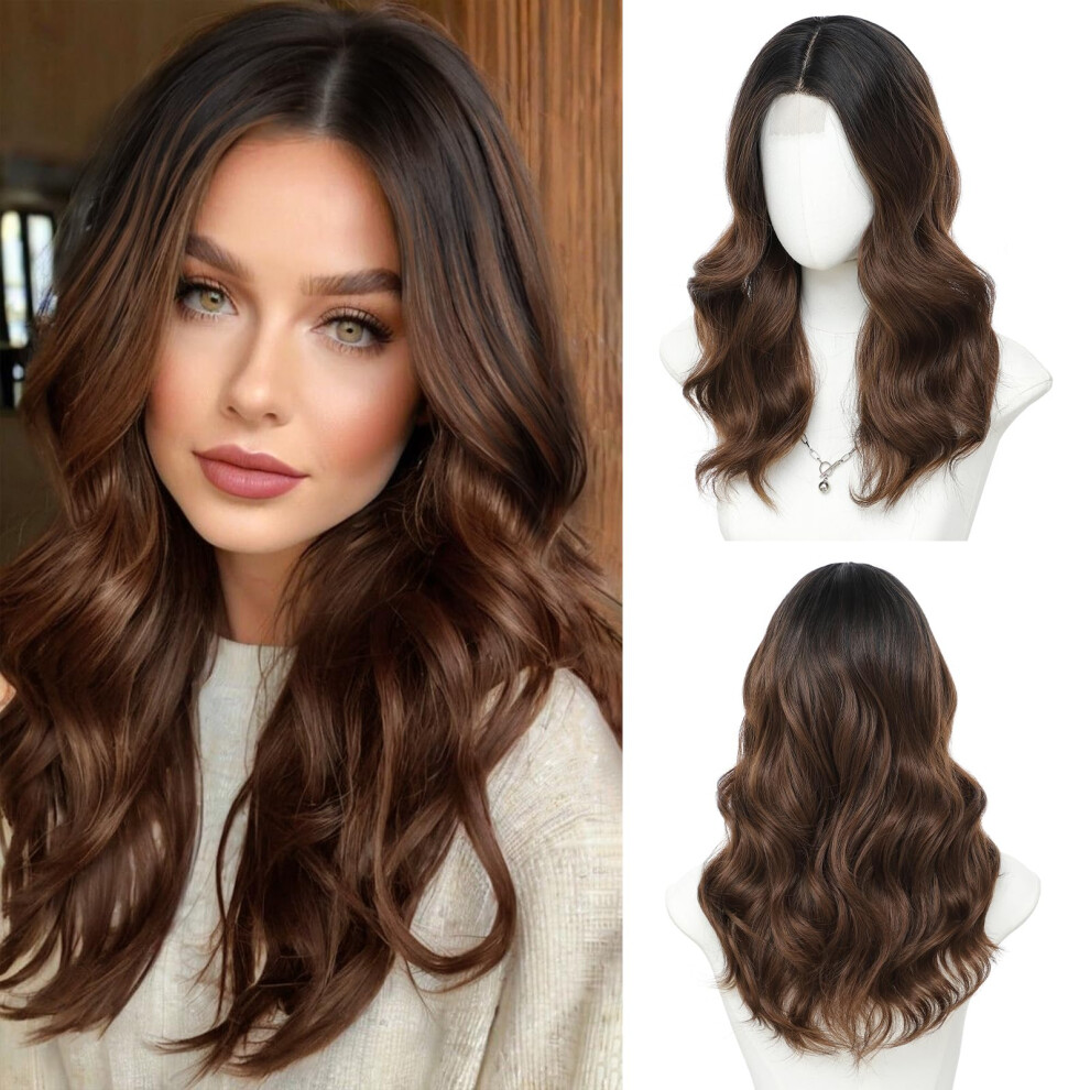 Unisex Brown 18 Inch Ombre Wavy Synthetic Wig For Women With Middle Part And Realistic Natural Hairline