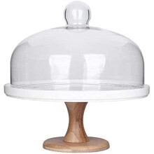 Ceramic Cake Stand with Wooden Base, White Dessert Display for Wedding and Party Decor