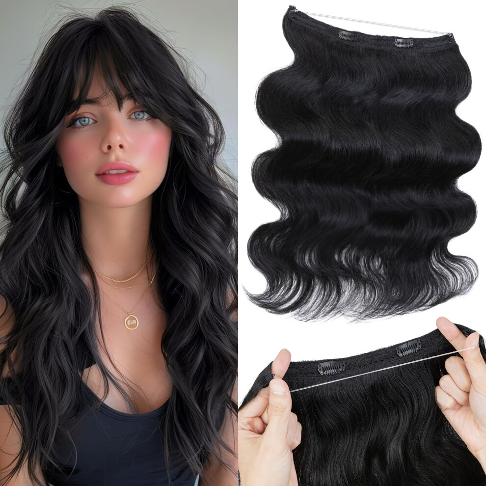 Unisex Black Halo Hair Extensions 12 Inch Jet Wavy Remy Human Hair For Instant Length And Volume